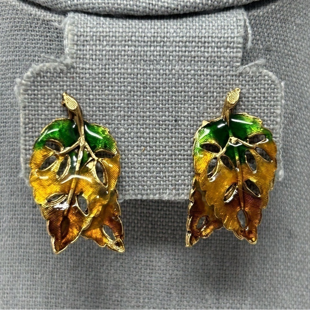 Small Green and Brown Multicolor Enamel Leaf Stud Earrings Fall Foliage